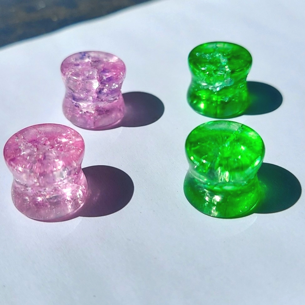Crackle Quartz 1/2" Stone Plugs Gauges Green and Pink TWO PAIRS